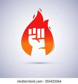 fist hand Inside Distressed Flame, power of fire, revolution and energy concept - vector illustration