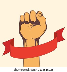 Fist hand male with blank red ribbon. Stock vector illustration.