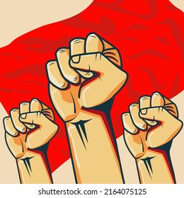 fist hand on front of red flag suitable for propaganda illustration