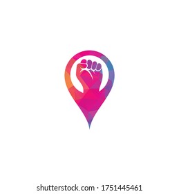 Fist hand power logo. Fist map pin shape concept logo design