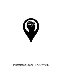 Fist hand power logo. Fist map pin shape concept logo design