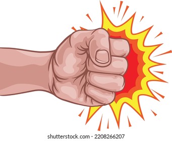 A fist hand punching in a comic book pop art cartoon illustration style. With an explosion in the background