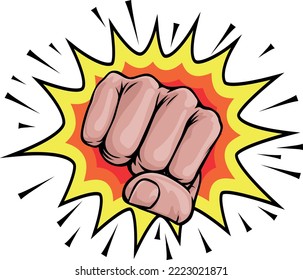 A fist hand punching in a comic book pop art cartoon illustration style. With an explosion in the background