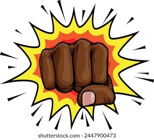 A fist hand punching in a comic book pop art cartoon illustration style. With an explosion in the background