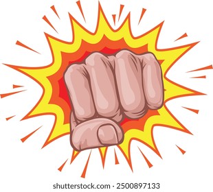 A fist hand punching in a comic book pop art cartoon illustration style. With an explosion in the background