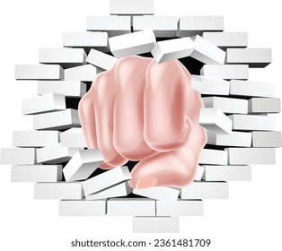 A fist hand punching through a brick wall concept
