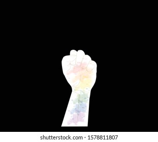 Fist hand with rainbow colored, we proud to support LGBT or LGBTQ, fight for equality concept, watercolor style, vector illustration.