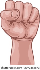 A fist hand raised up punching the air in a comic book pop art cartoon illustration style