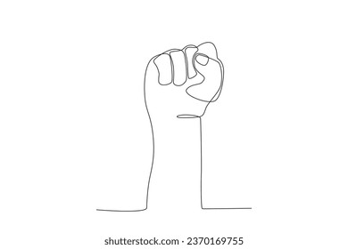 A fist hand was raised upwards. Human rights day one-line drawing