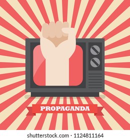 Fist hand in retro television. Television Propaganda Poster Vector illustration