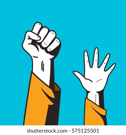 fist hand up, comics style vector illustration, isolated on blue sky background