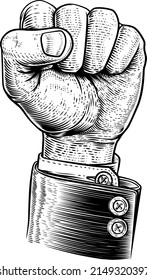 A fist hand wearing a business suit in the air in a vintage woodcut revolution propaganda poster style