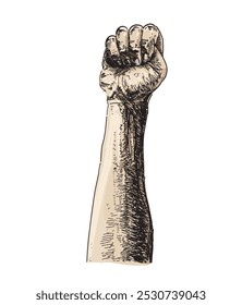 fist up hands fight gesture linear realistic colored illustration on white background