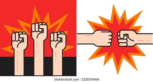 Fist hands raised up and bumping as revolution war concept vector or strong protestors fists punching as battle people conflict or fighting line outline illustration, anger propaganda debate symbol