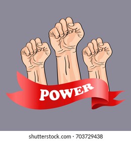 Fist hands up vector icon flat symbol. Motivational poster. Power sign a clenched fist held high in protest. Revolution fist. Sport and fitness illustration. Isolated on grey background.