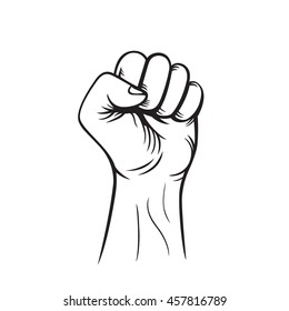 fist held high, outline, protest sign isolated on white, vector illustration