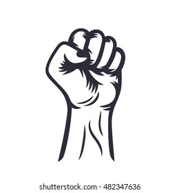 fist held high outline, protest symbol on white, vector illustration