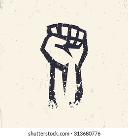 Fist held high in protest, grunge silhouette, vector