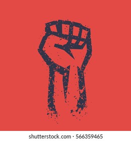 Fist held high in protest, grunge outline, raised hand, revolt symbol