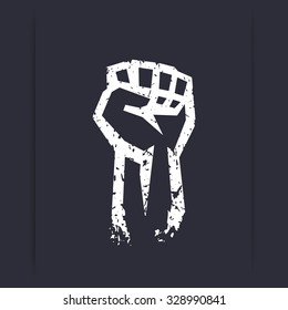 Fist held high, protest sign, grunge white silhouette, vector illustration