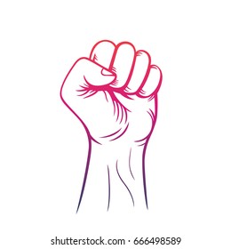 fist held high vector outline, revolt, protest sign over white