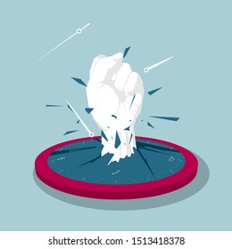 Fist hit the clock. Isolated on blue background.
