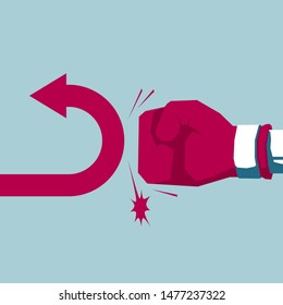 Fist hits the arrow symbol. Isolated on blue background.