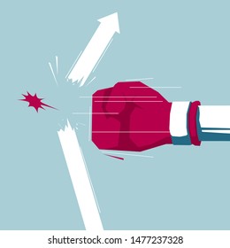 Fist hits the arrow symbol. Isolated on blue background.