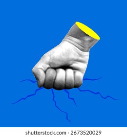 Fist hits the ground and it cracks. Powerful fist break through obstacles. Persistence. Getting your way. Modern collage