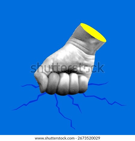 Fist hits the ground and it cracks. Powerful fist break through obstacles. Persistence. Getting your way. Modern collage