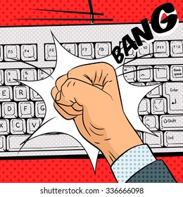 Fist hits the keyboard pop art retro  style vector illustration. Comic book imitation