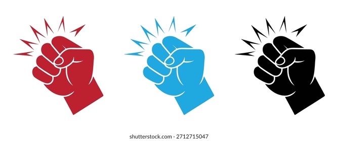 Primer golpe de contorno. Conjunto de iconos de puño golpeador rojo, azul y negro. Icono de golpe. Mano humana realizando un gesto de golpeteo con líneas de impacto Ilustración vectorial. Ilustración vectorial.