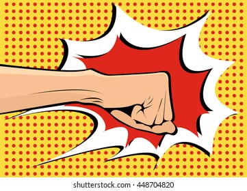 Fist hitting, fist punching in pop art style. Human violence, knuckle and impact, vector illustration