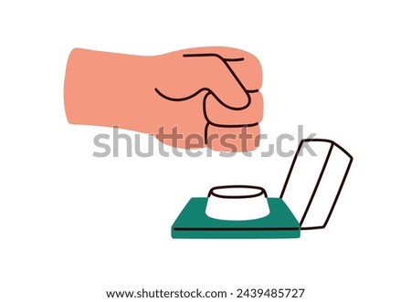 Fist hitting, pushing, pressing alert control button in emergency, danger. Hand warning, calling for help. Switching, starting action. Flat graphic vector illustration isolated on white background