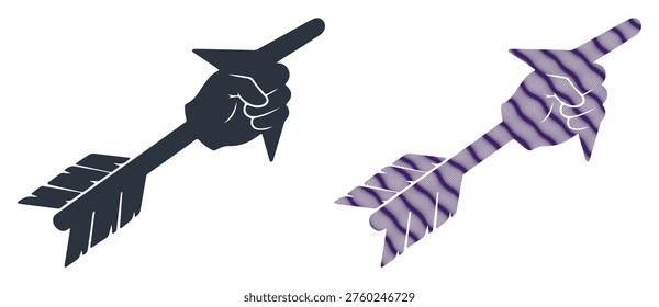 Fist holding arrow, dark silhouette, purple waves pattern, abstract design element.