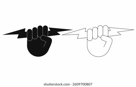 Fist holding lightning bolt icon in bold and outline style. Symbol of power, energy, electricity, and revolution. Vector graphic in black and white design