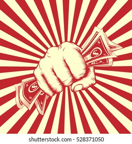 Fist Holding Money In A Vintage Revolution Poster Woodcut Style