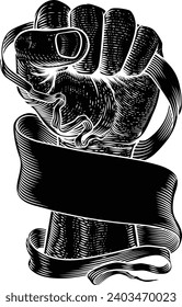 A fist holding a scroll banner paper ribbon revolution concept in a woodcut engraved etching vintage style.