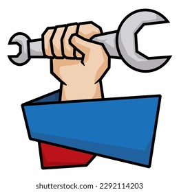 Fist holding a wrench with blue and red labels. Template design with geometric and squared corners.