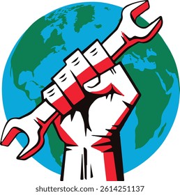 Fist holding wrench in front of globe, symbol of strength, unity, and labor rights. Ideal vector for May Day, Labor Day, or workers' movement posters and graphics. Labor Day Vector – Fist Holding.