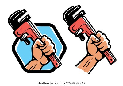 Fist holding a wrench. Workshop, technical service emblem or logo. Plumbing work Vector illustration