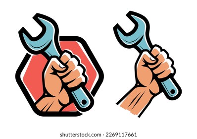 Fist holding a wrench. Workshop, technical service emblem. Warranty repair logo. Vector illustration