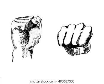 Fist, Human Hand, Hand Drawn Sketch. Vector Illustration, Isolated On White.