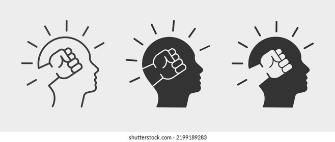 Fist icon inside head. Black illustration isolated on white background for graphic and web design.