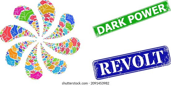 Fist icon multi colored twirl cluster flower salute shape, and grunge Dark Power seal. Blue Revolt and green Dark Power rectangle grunge seal stamps.