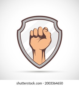 Fist icon on the shield. Isolated on white background. Vector illustration.