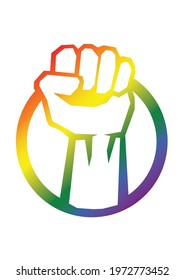 Fist icon in rainbow colours in vector. Raised arm clipart with colorful gay symbols. LGBT pride flag. Editable for web and print.