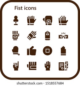 fist icon set. 16 filled fist icons.  Simple modern icons about  - Punching bag, Gloves, Boxing gloves, Fist, Thumbs up, Stop, Promise, Glove, Independence