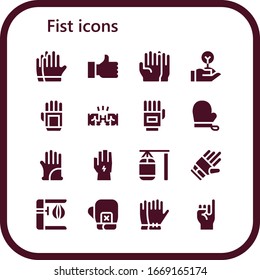 fist icon set. 16 filled fist icons.  Simple modern icons such as: Gloves, Thumb up, Freedom, Glove, Fist, Punching bag, Boxing gloves, Promise