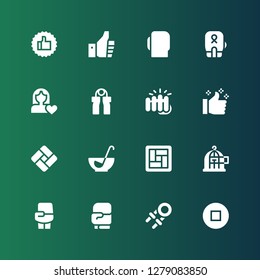 fist icon set. Collection of 16 filled fist icons included Stop, Hand grip, Boxing gloves, Boxing, Freedom, Tatami, Punch, Thumbs up, Fist, Grip, Women rights
